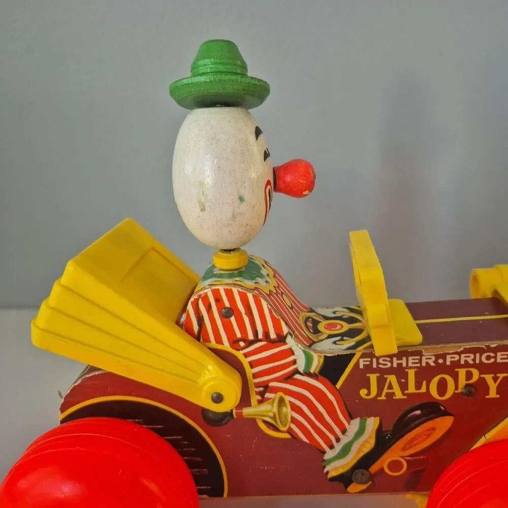Fisher Price Vintage 1965 Wooden Jolly Jalopy the Clown Pull Toy Model 724